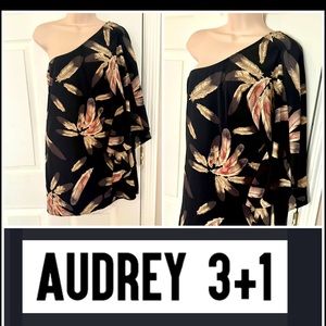 Audrey 3+1 floral black one shouldered flutter mini dress